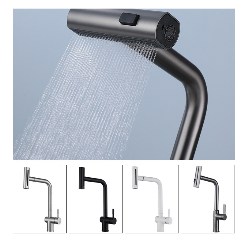 2024 Modern New Design Grey Rainfall Waterfall Tap Stainless Steel 304 Kitchen Sink Faucets with Pull Out Spray Mixer Rain Spray