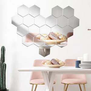 Hexagon Acrylic Mirrors 3d Wall Decor Tile Sticker,Silver Wall Decals For Bedroom Living Dining Bath Room Decorations