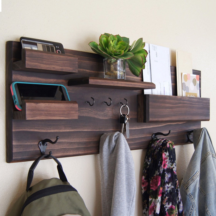 Wooden Wall Shelf With Cloth Hook Entryway Organizer Coat Hooks key Rack Mail Holder