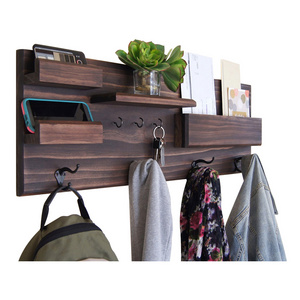 Wooden Wall Shelf With Cloth Hook Entryway Organizer Coat Hooks key Rack Mail Holder