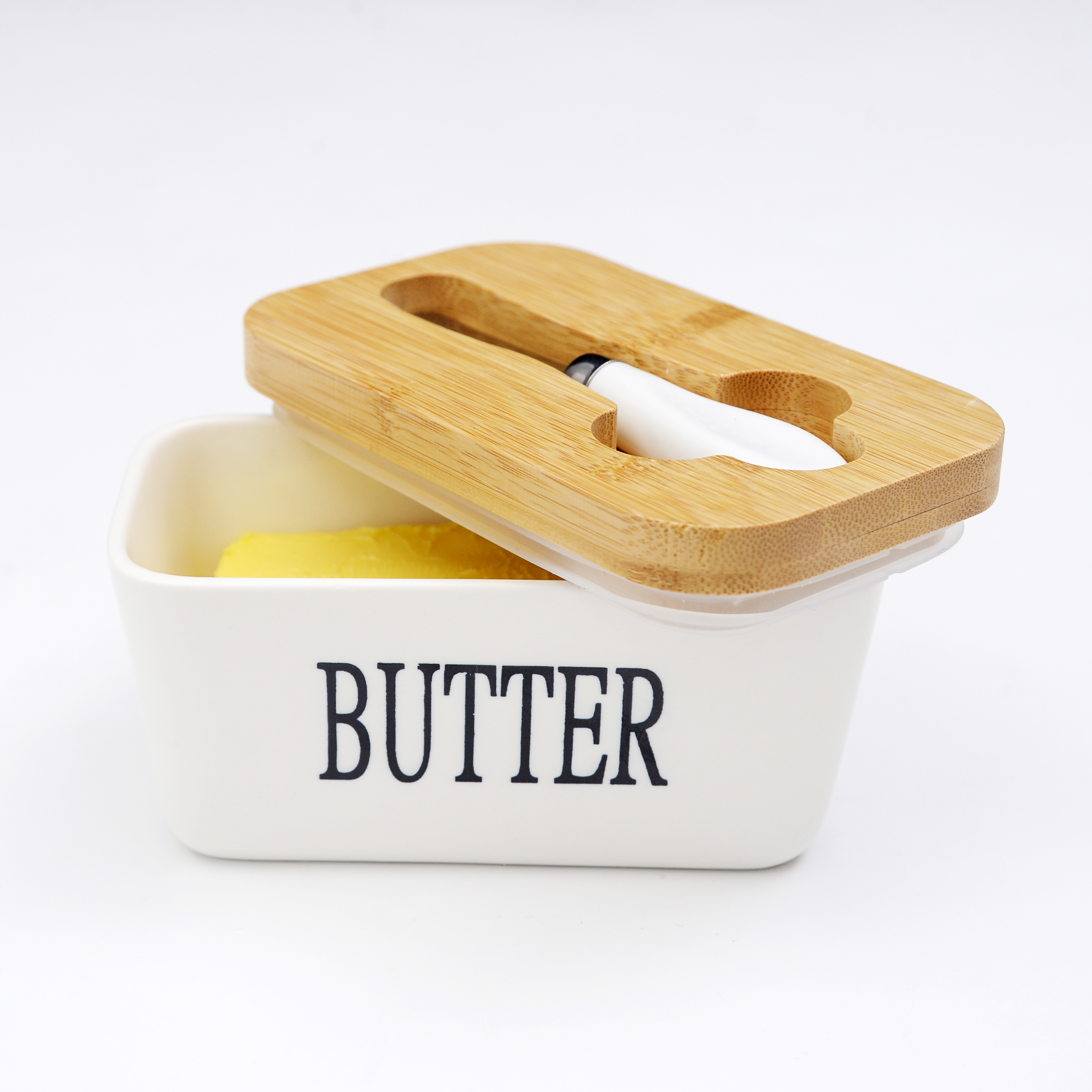 350ml small cute nordic rectangular modern ceramic butter dish with knife and bamboo lid