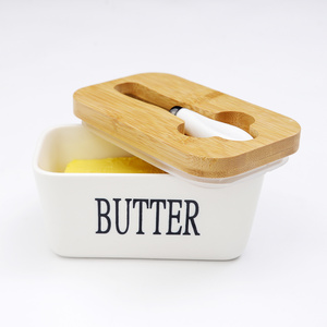 350ml small cute nordic rectangular modern ceramic butter dish with knife and bamboo lid