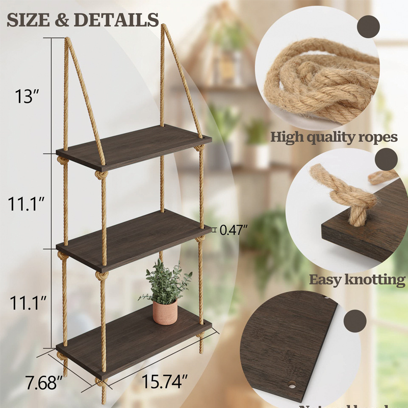 New design pine wood decoration plant macrame cotton rope wall mounted display hanging shelf wall flower shelf