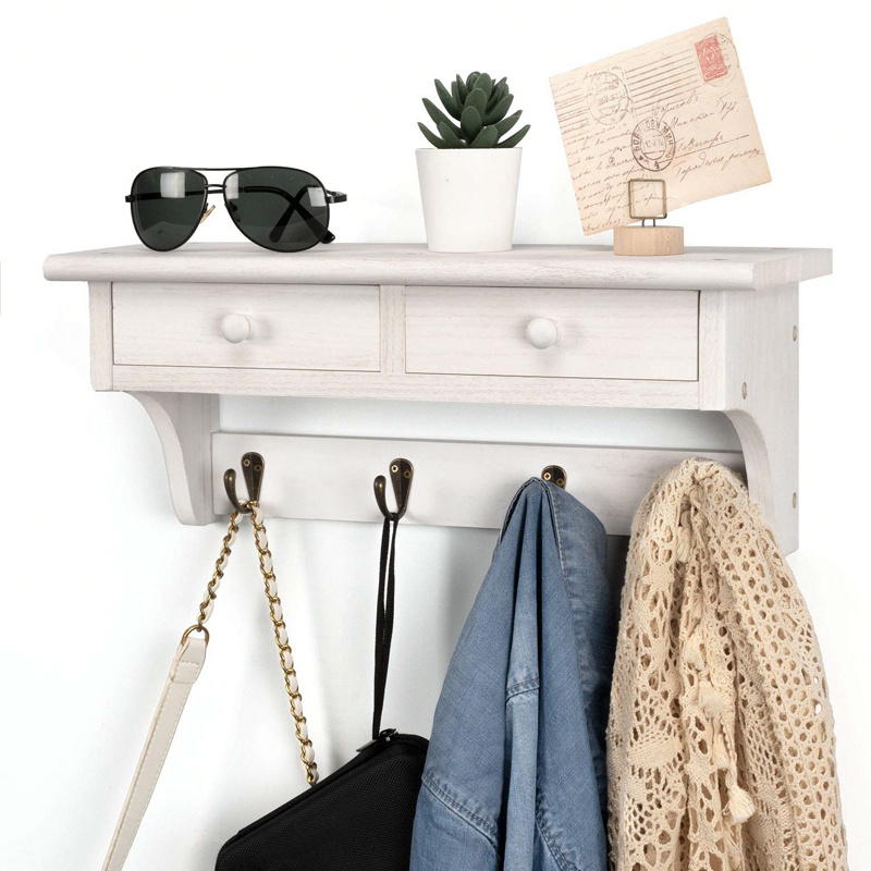 White Entryway Shelf Wooden  hangers storage Coat  racks with hooks to hang on the wall