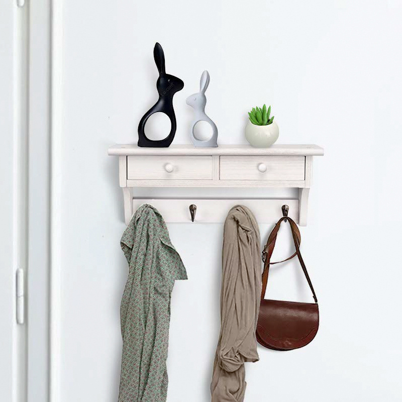 White Entryway Shelf Wooden  hangers storage Coat  racks with hooks to hang on the wall