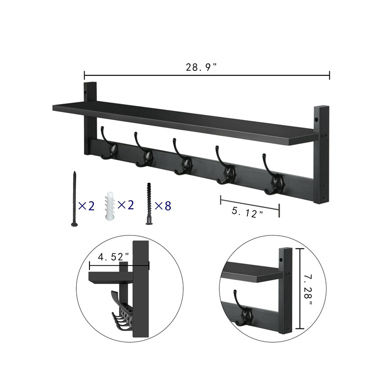 Home decor Wall Mounted Hat shelf  black slat kitchen hook rack wall towel hook