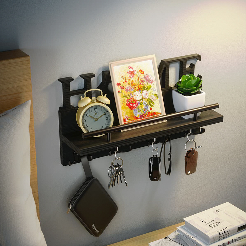 Mudroom or Office Solid Wood black decorative wooden mounted wall shelf key shelf for wall