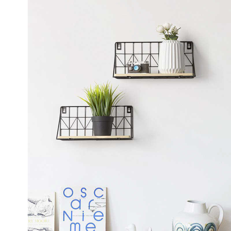 Industrial grid Furniture Living Room small  Wall Hanging Wire Shelf with Wooden Plank