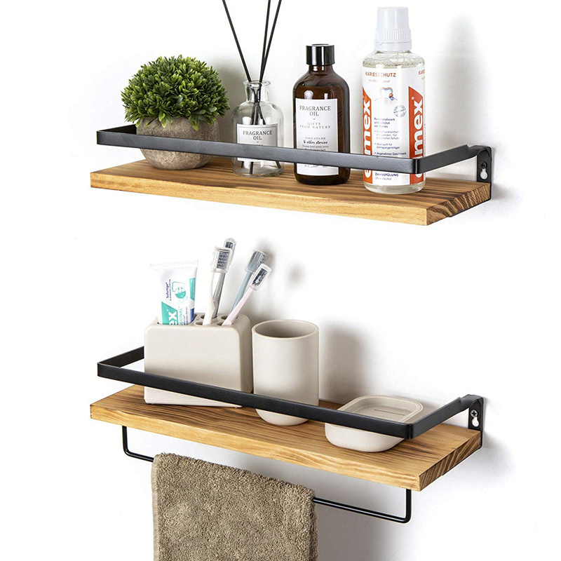 2 Tier Floating Wood Shelf Wall Mounted , Rustic Wood hanging Wall  bath Shelf Set of 2