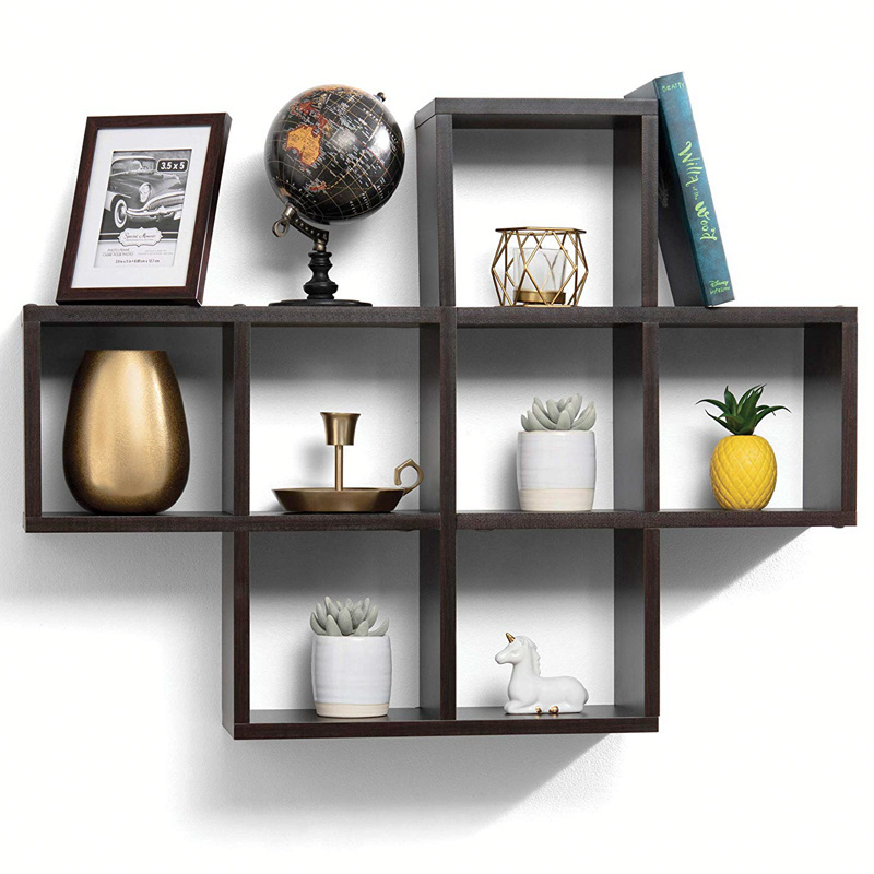 Decorative natural espresso edging square cube storage rack wood  modern wooden shelves for wall