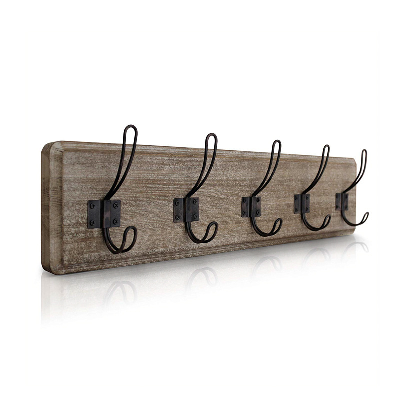 Wall mounted hanging  solid wood rustic coat rack with 5 black vintage hooks