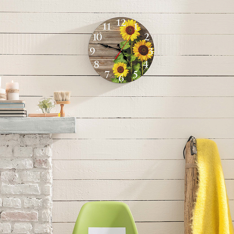 Nordic creative Custom Logo Sunflower Flower china  12inch Wall Clock Home decor Modern Round MDF Wood Small Clocks