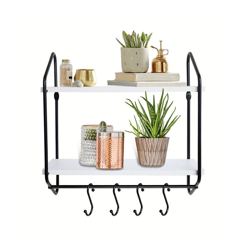 Rustic 2 Tier Kitchen rustic wood  Spice Floating Wall Mounted Wood  metal Storage Shelves with Towel Bar and Hooks