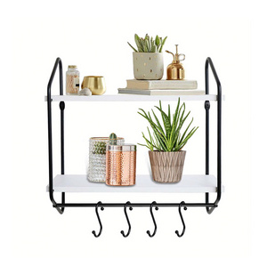 Rustic 2 Tier Kitchen rustic wood  Spice Floating Wall Mounted Wood  metal Storage Shelves with Towel Bar and Hooks