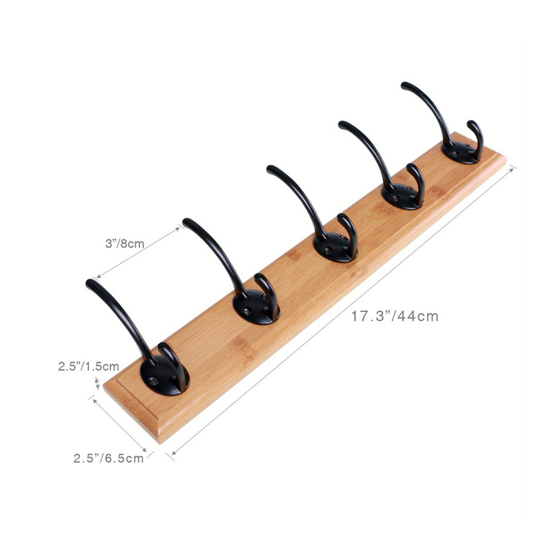 Smooth Finishing Wooden Wall Mounted hanging  large multiple hooks wall with 5 Metal Hooks