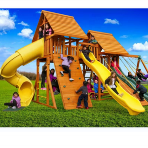 New Design Wooden Playground Swing Set With Plastic Slide Wooden Outdoor Playground