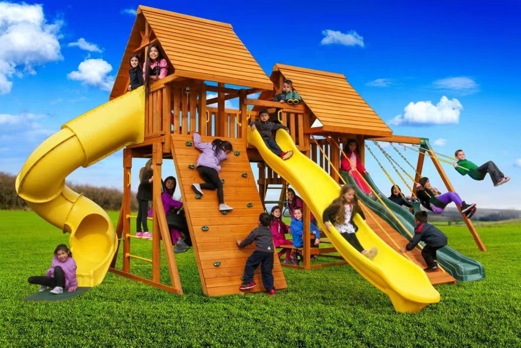 New Design Wooden Playground Swing Set With Plastic Slide Wooden Outdoor Playground