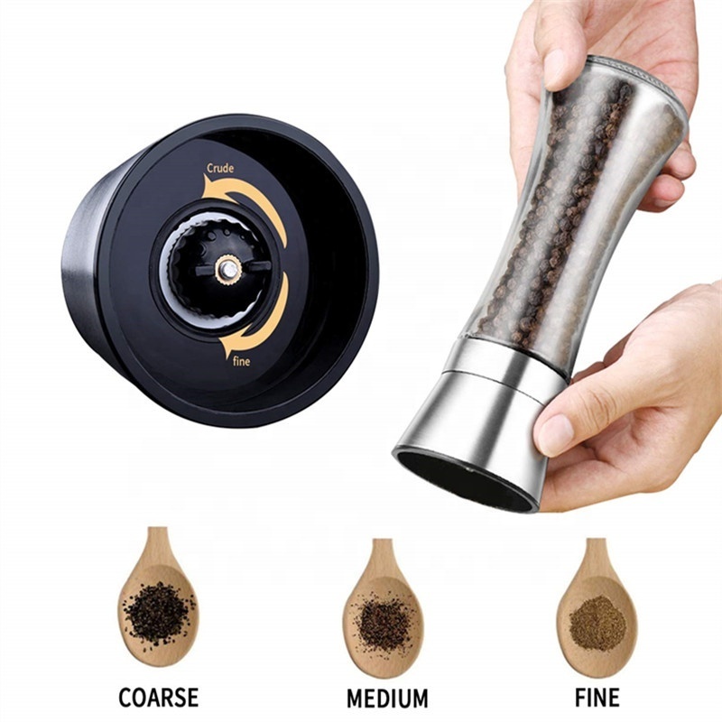 Black salt and pepper grinder with glass spice jar, spice grinder machine for home