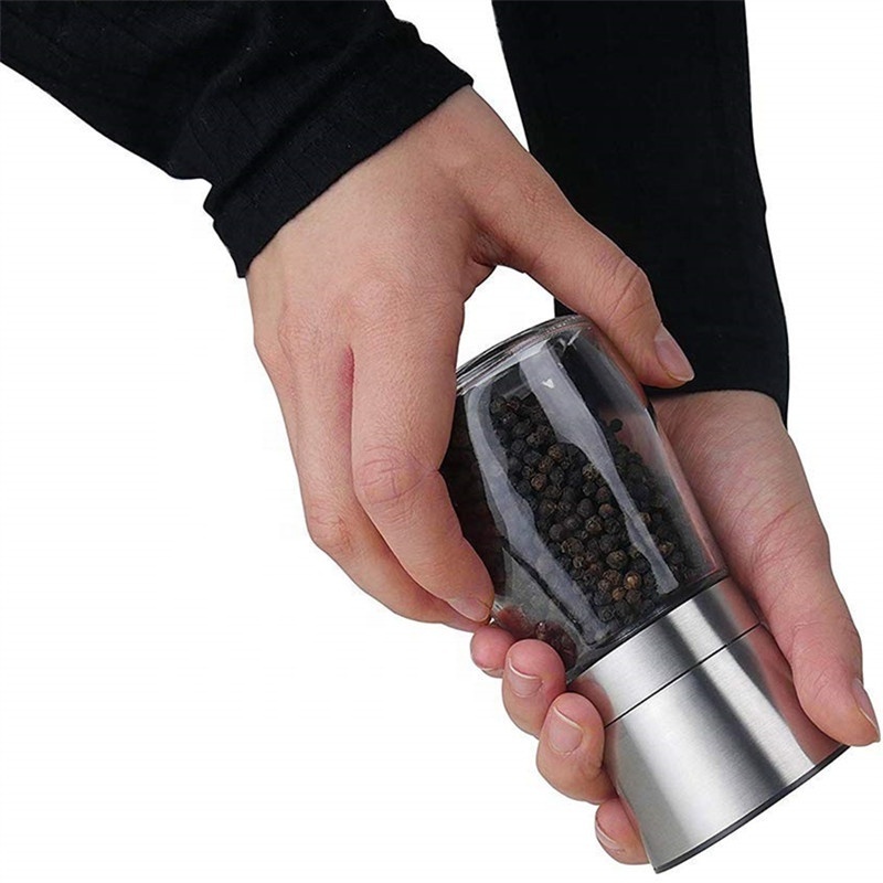 Black salt and pepper grinder with glass spice jar, spice grinder machine for home