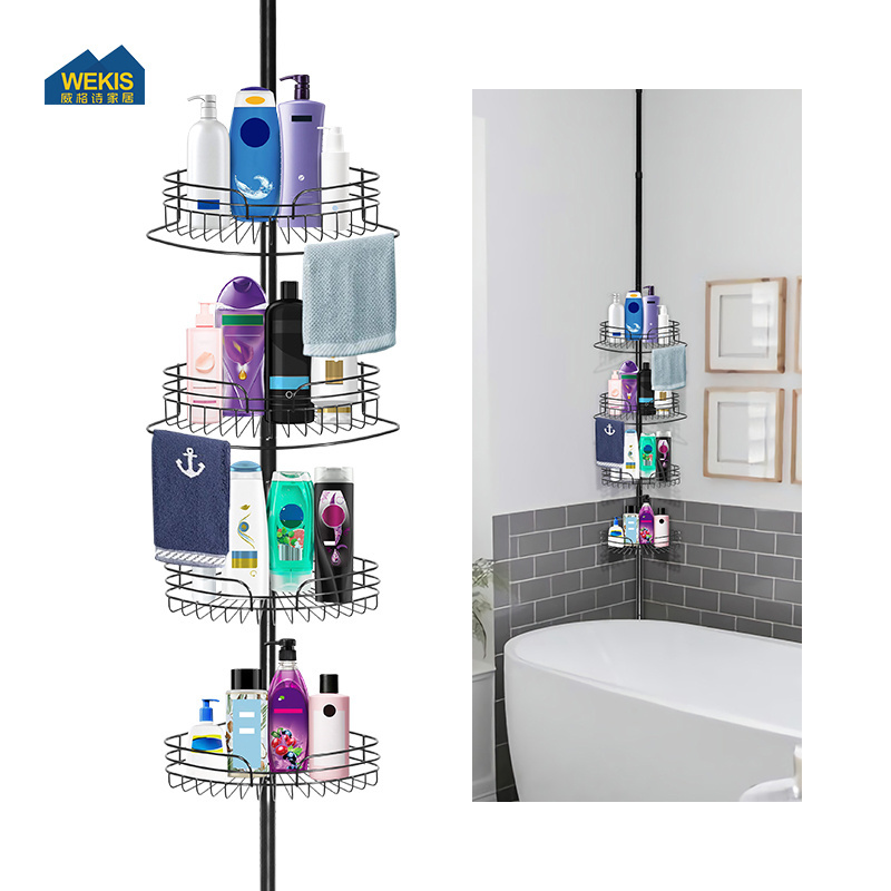 Black Home Organizer Accessories Telescopic Shower Tension Pole Bathroom Caddy Corner Storage Telescopeic Rack With 4 Layers