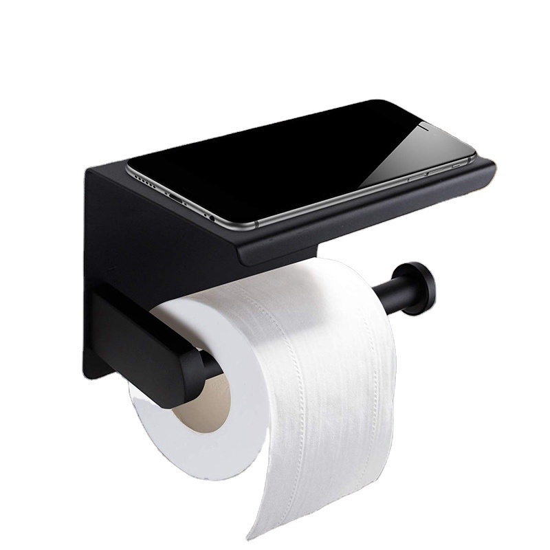 304 Stainless Steel Black Wall Mounted Tissue Roll Holder Towel Holder With Mobile Phone Shelf Bathroom Toilet Paper Holder