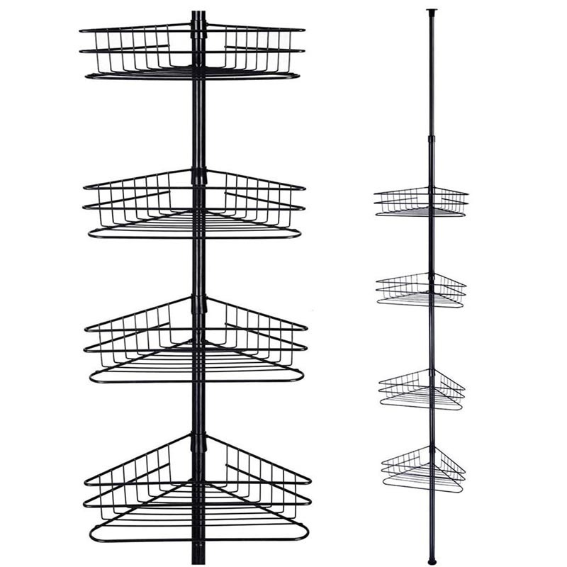 Black Home Organizer Accessories Telescopic Shower Tension Pole Bathroom Caddy Corner Storage Telescopeic Rack With 4 Layers