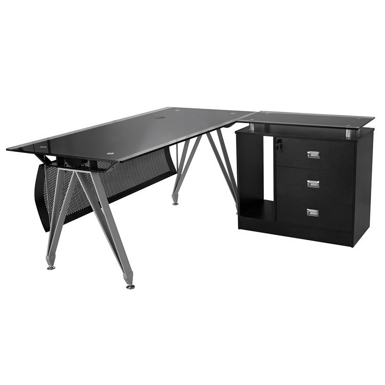 Foshan factory black tempered modern glass desk office furniture with drawer