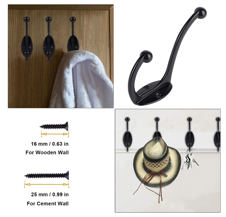 Classic Retro Coat Hook Towel Hook For Hanging Coats Double Zinc Alloy Black Robe Hook Wall Hanging With Screws