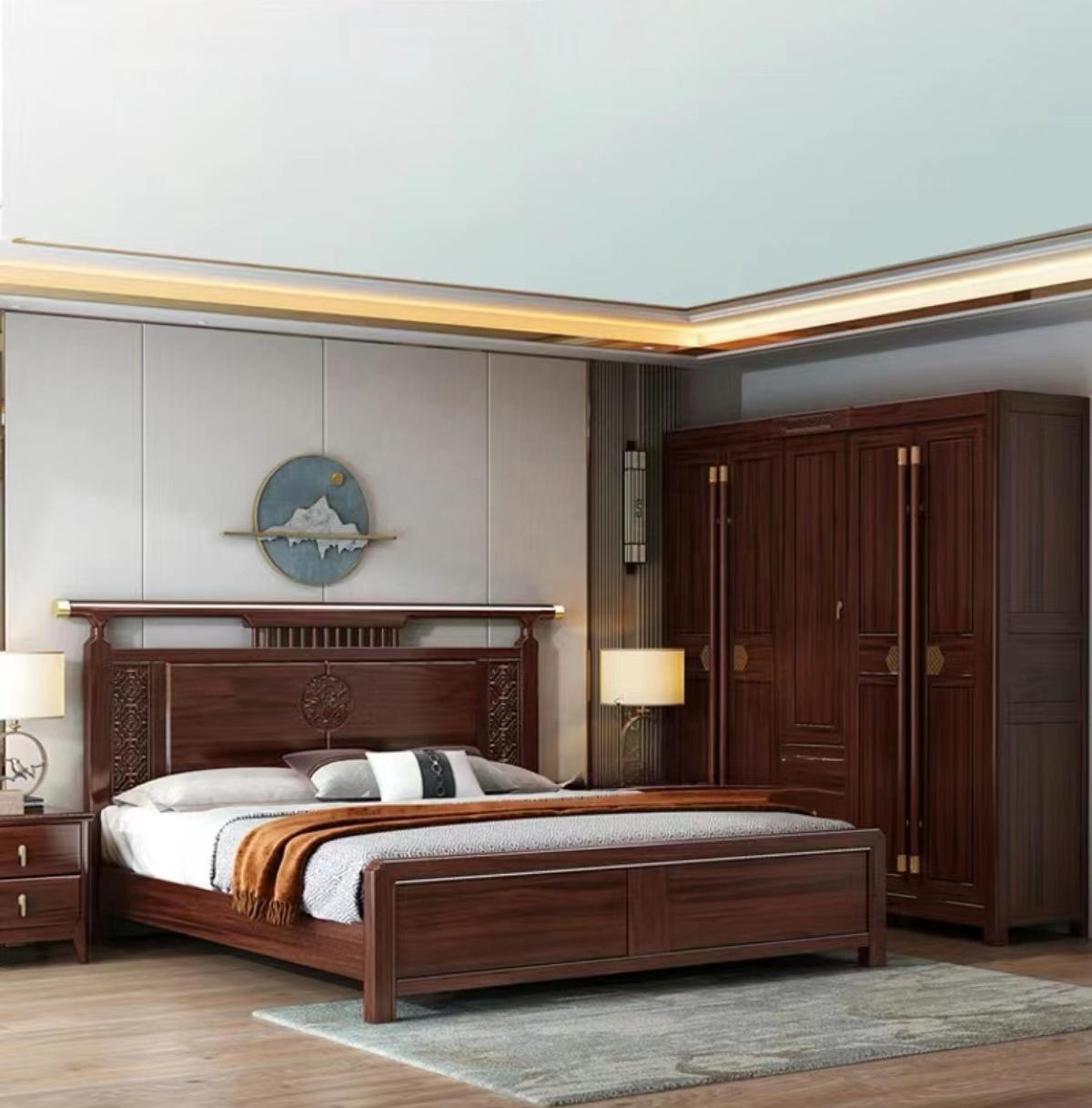 Chinese Style Manufacturer Direct Selling Bedroom Furniture  Walnut Color Solid Wood Wardrobes Bedroom Closet