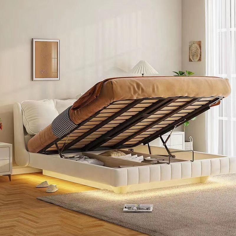 French Cream Suspended Bed Minimalist Master Luxury Furniture Bedroom Double Head Leather Art French Beds