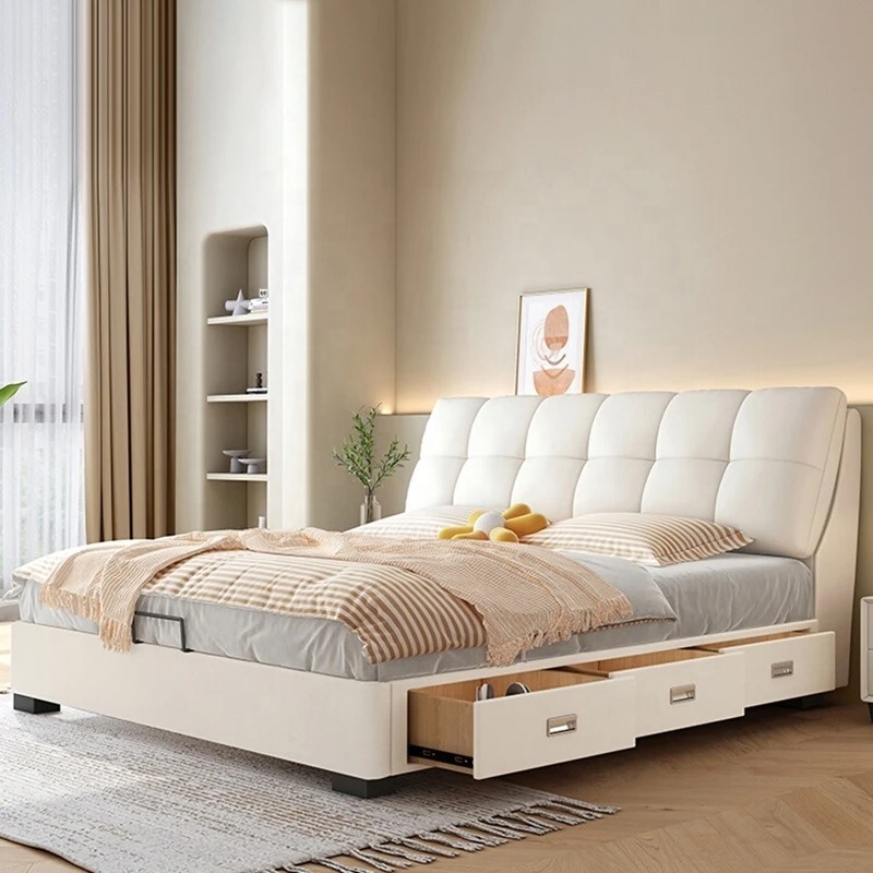 Light Luxury Leather Bed Modern Minimalist  Master Bedroom Cream Style Multifunctional Big Double Bed Soft Bag Wedding Bed