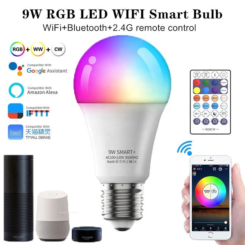 9W RGB+CCT Dimmable light bulb E26 LED Smart WIFI Bulb Work with Alexa Google Home Voice Control WIFI+BT+2.4G 3 Modes Control