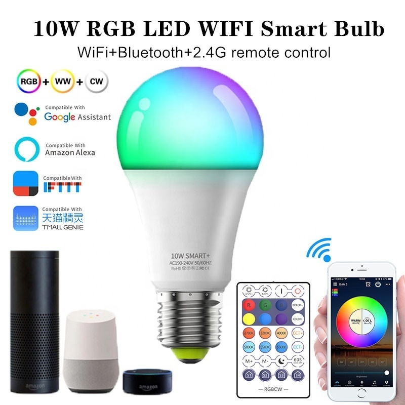 220V 10W LED Smart WIFI Bulb E27 RGBCCT Multicolor Dimmable light bulb Work with Alexa Google Home Voice Control Magic home APP