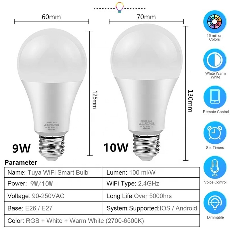 9W/10W LED Tuya Smart Wifi Light Bulb E27 RGBCW Dimmable Bulb Work with Alexa Google Home Voice Control Smart Life APP