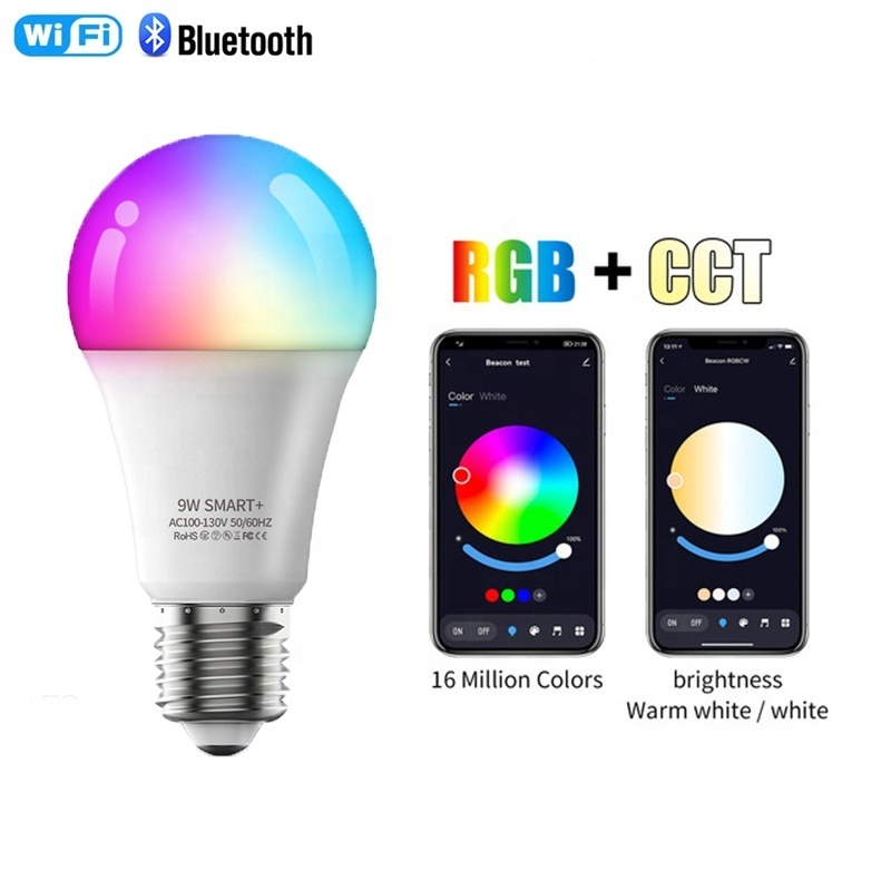 9W RGB+CCT Dimmable light bulb E26 LED Smart WIFI Bulb Work with Alexa Google Home Voice Control WIFI+BT+2.4G 3 Modes Control