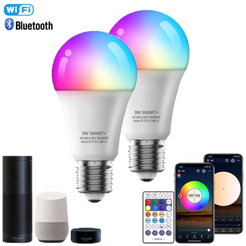 9W RGB+CCT Dimmable light bulb E26 LED Smart WIFI Bulb Work with Alexa Google Home Voice Control WIFI+BT+2.4G 3 Modes Control