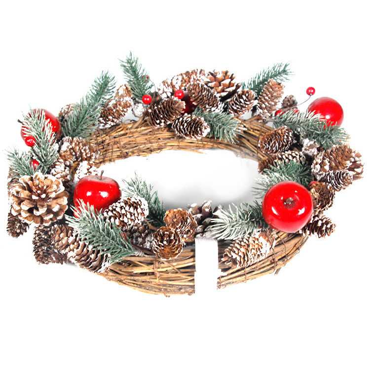 Artificial Pine Wreaths, Red Berry Stems with Snowflakes Flocked Holly Mini Apple Branches Christmas Wreath