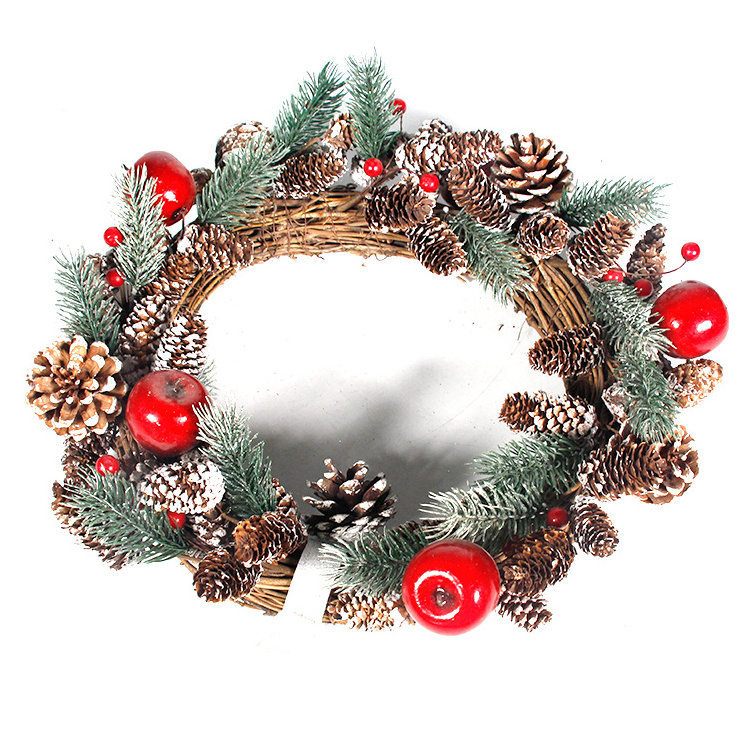 Artificial Pine Wreaths, Red Berry Stems with Snowflakes Flocked Holly Mini Apple Branches Christmas Wreath