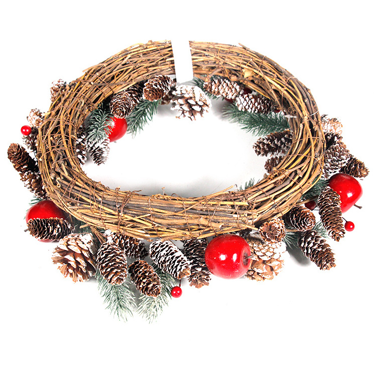 Artificial Pine Wreaths, Red Berry Stems with Snowflakes Flocked Holly Mini Apple Branches Christmas Wreath