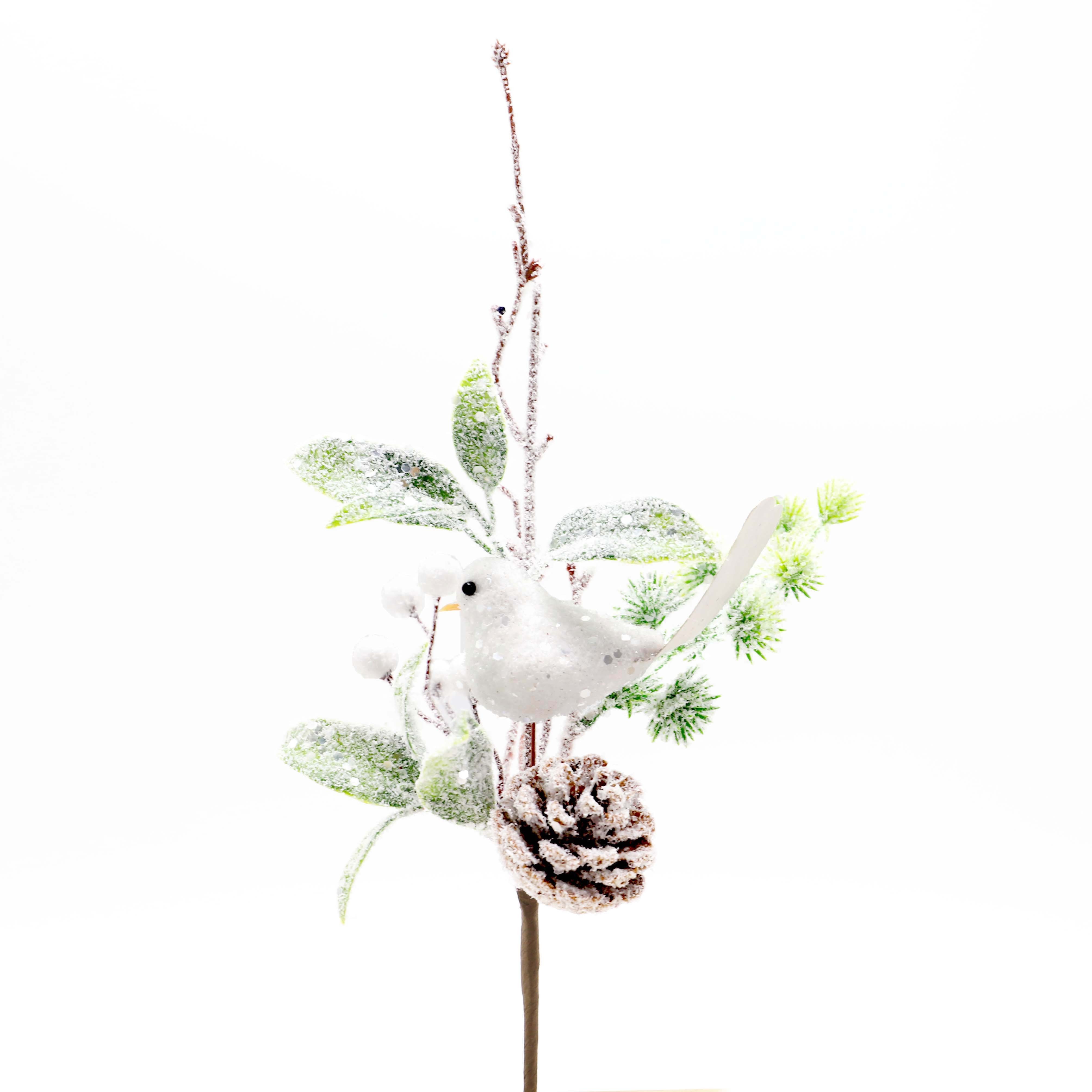 Christmas Decorative Tree Branch with Ornament Bird on Branch White Artificial Frosted Berry Stem For Winter Holiday Decoration