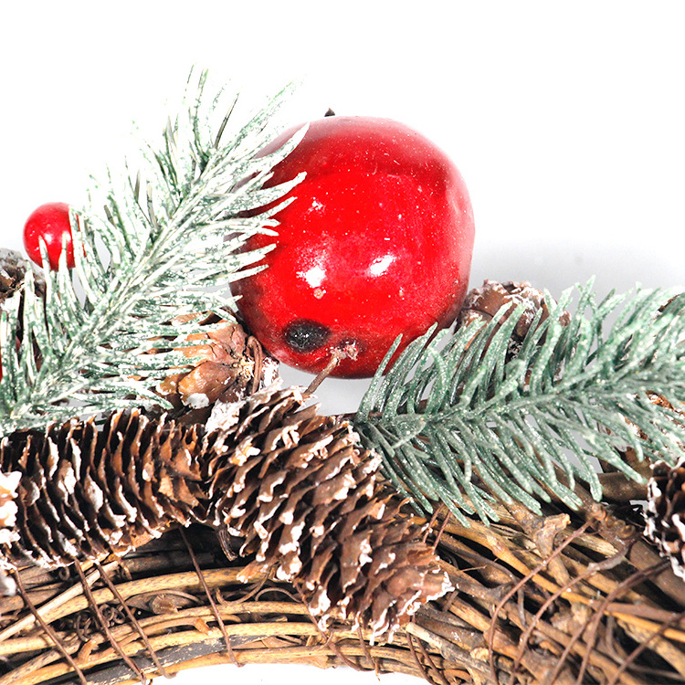 Artificial Pine Wreaths, Red Berry Stems with Snowflakes Flocked Holly Mini Apple Branches Christmas Wreath