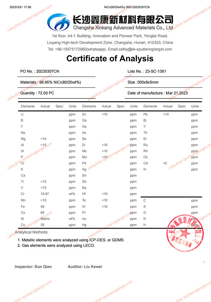 Xinkang Nickel Chromium Alloy Tube NiCr80/20wt% 99.95% Nickel Chromium Rotary Targets