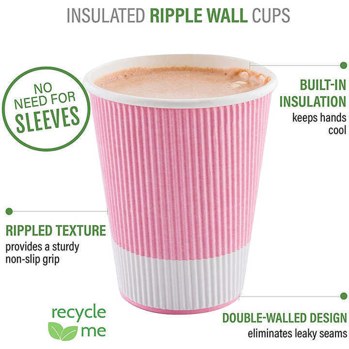 Disposable 16oz Insulated Ripple Wall Paper Pink Double Wall Coffee Hot Beverage Cup