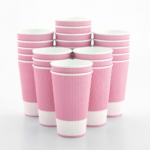 Disposable 16oz Insulated Ripple Wall Paper Pink Double Wall Coffee Hot Beverage Cup