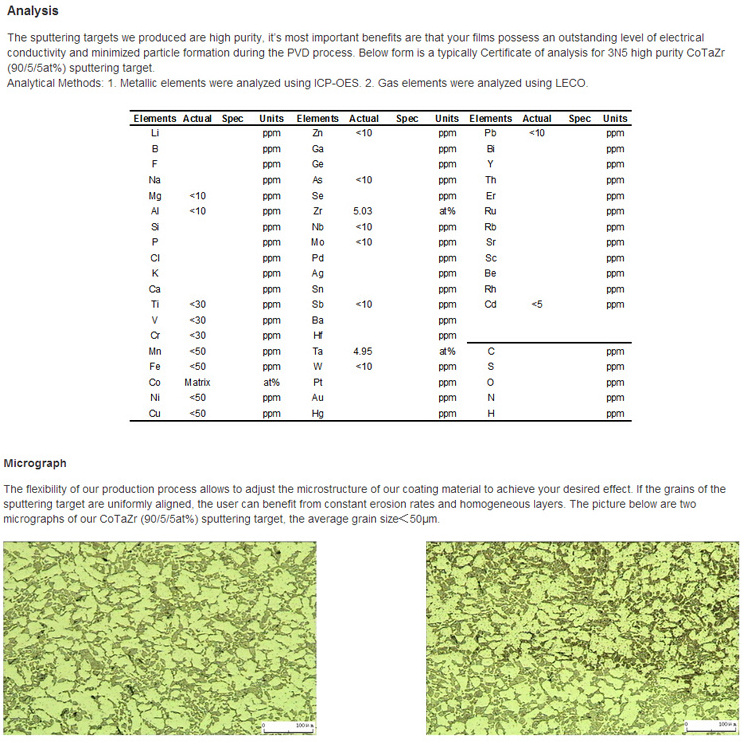 99.95% Cobalt Tantalum Zirconium Metal Alloy CoTaZr Sputtering Target For PVD Process