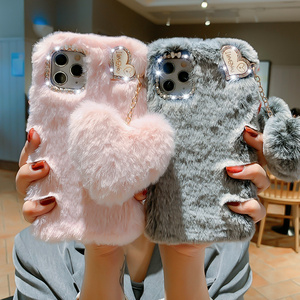 Luxury Love Pendant Phone Case For iPhone 12 Pro Max 14 13 11 X XS XR 8 7 6 6S Plus SE 2020 5S Cute Warm Winter Plush Fur Covers