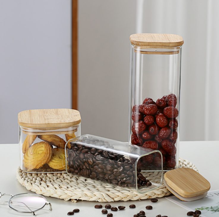 high borosilicate Glass storage container Storage Jars glass with bamboo lid,glass jar food square shape