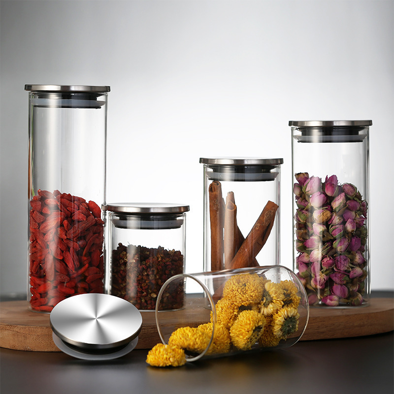 kitchen Food Storage with stainless steel lid Convenient Practical Glass jar