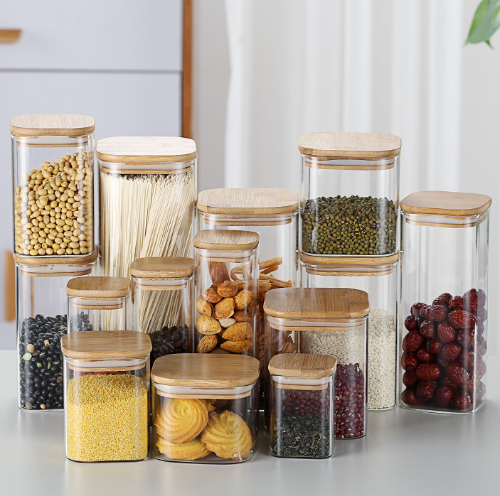 high borosilicate Glass storage container Storage Jars glass with bamboo lid,glass jar food square shape