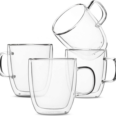 Wholesale customized logo double walled glass espresso coffee cup clear glass mug with handle